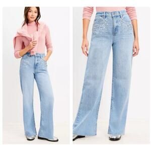 LOFT The Wide Leg Bedazzled Jeans High Rise Statement Denim Size 29